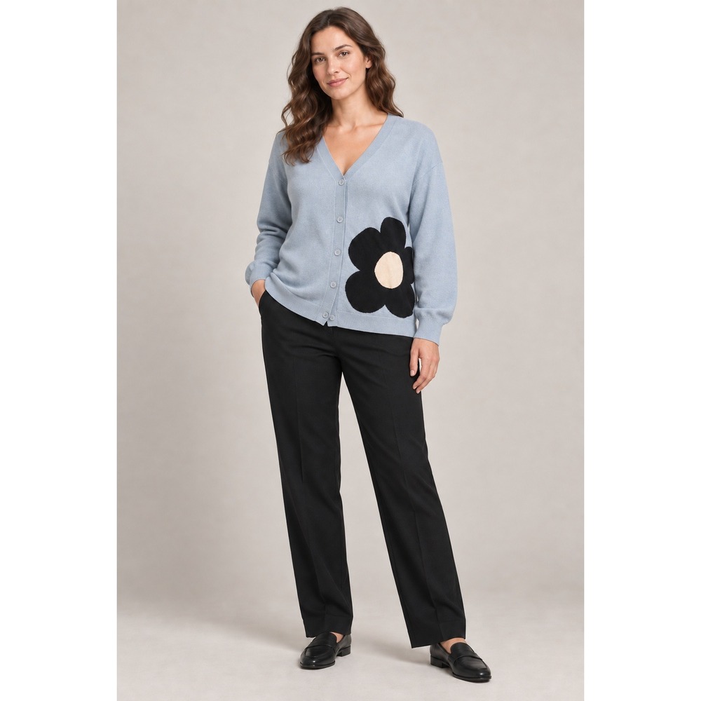 Laurie Felt Los Angeles Blue Floral Intarsia Cashmere Blend Cardigan Sweater 3X